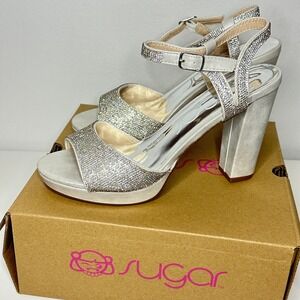 Sugar Women's 9M Silver Prisila Sparkle Strappy Block Heel Sandals